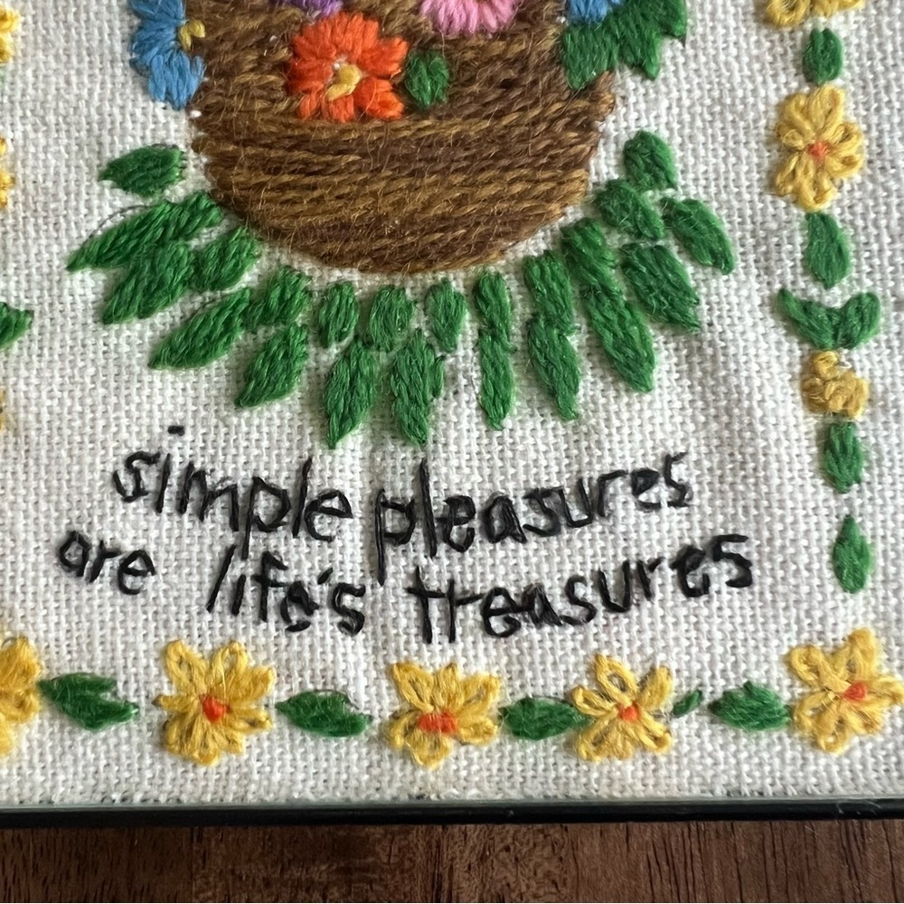 Vintage Embroidered “Simple Pleasures Are Life’s Treasures” Wall Art - Picture 3 of 6